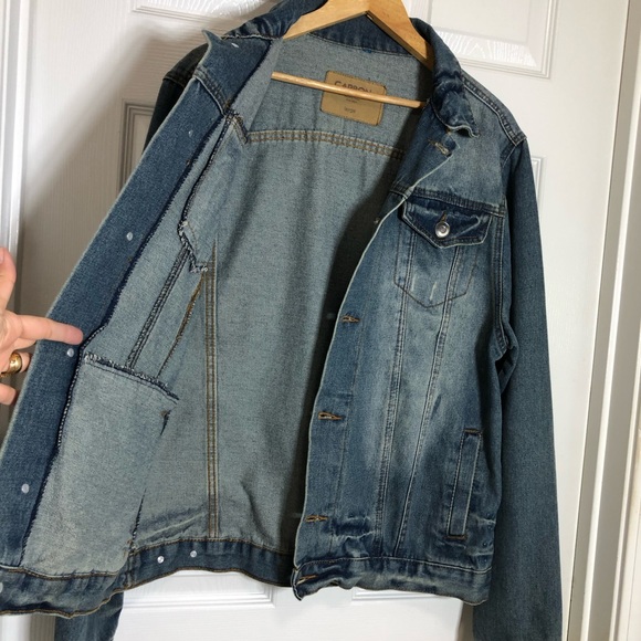 Carbon 70829 Denim Blue Yellowish Wash Distressed Buttoned Trucker Jean Jacket L - Picture 7 of 16